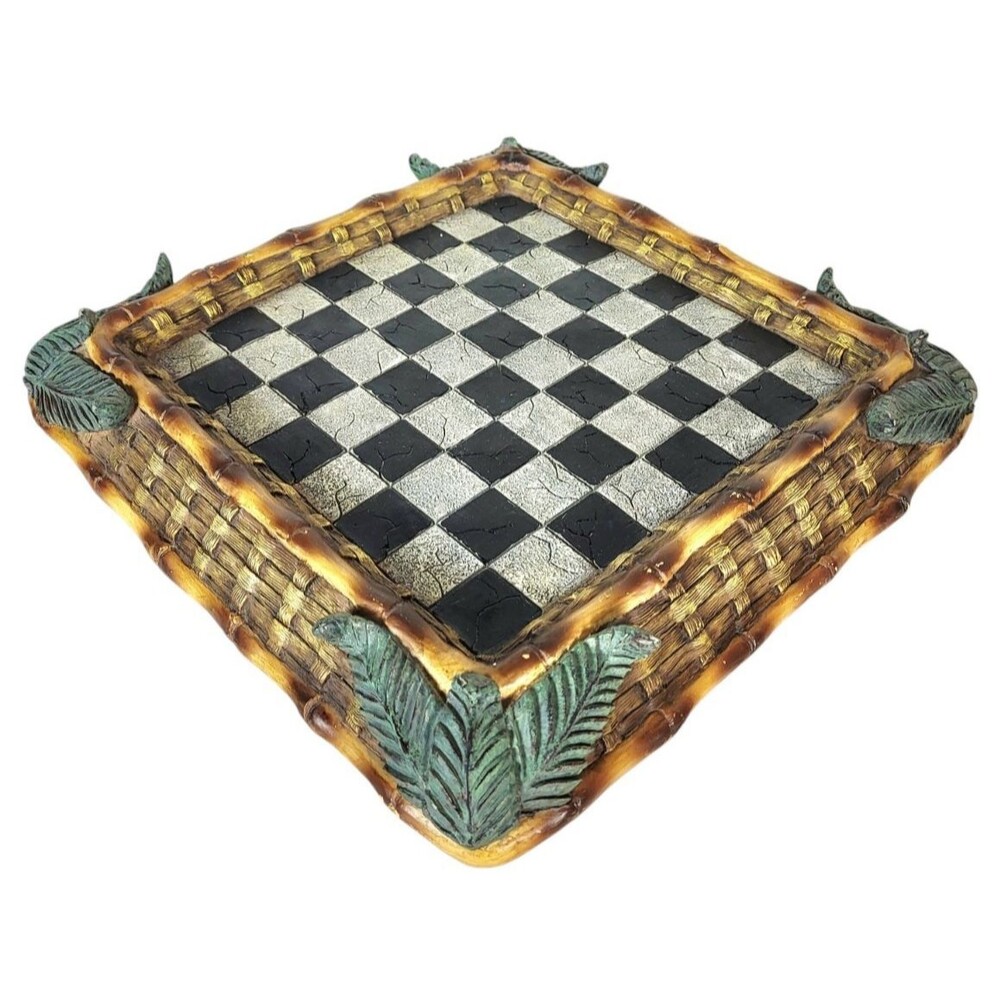 VTG Woven Wicker Palm Leaf Bamboo Tropical Jungle BLK/WHT Checker Chess Board
